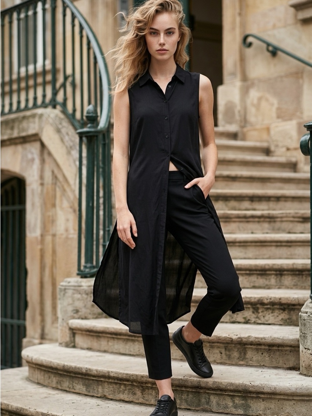 Sleeveless Longline Button-Front Tunic by Joie